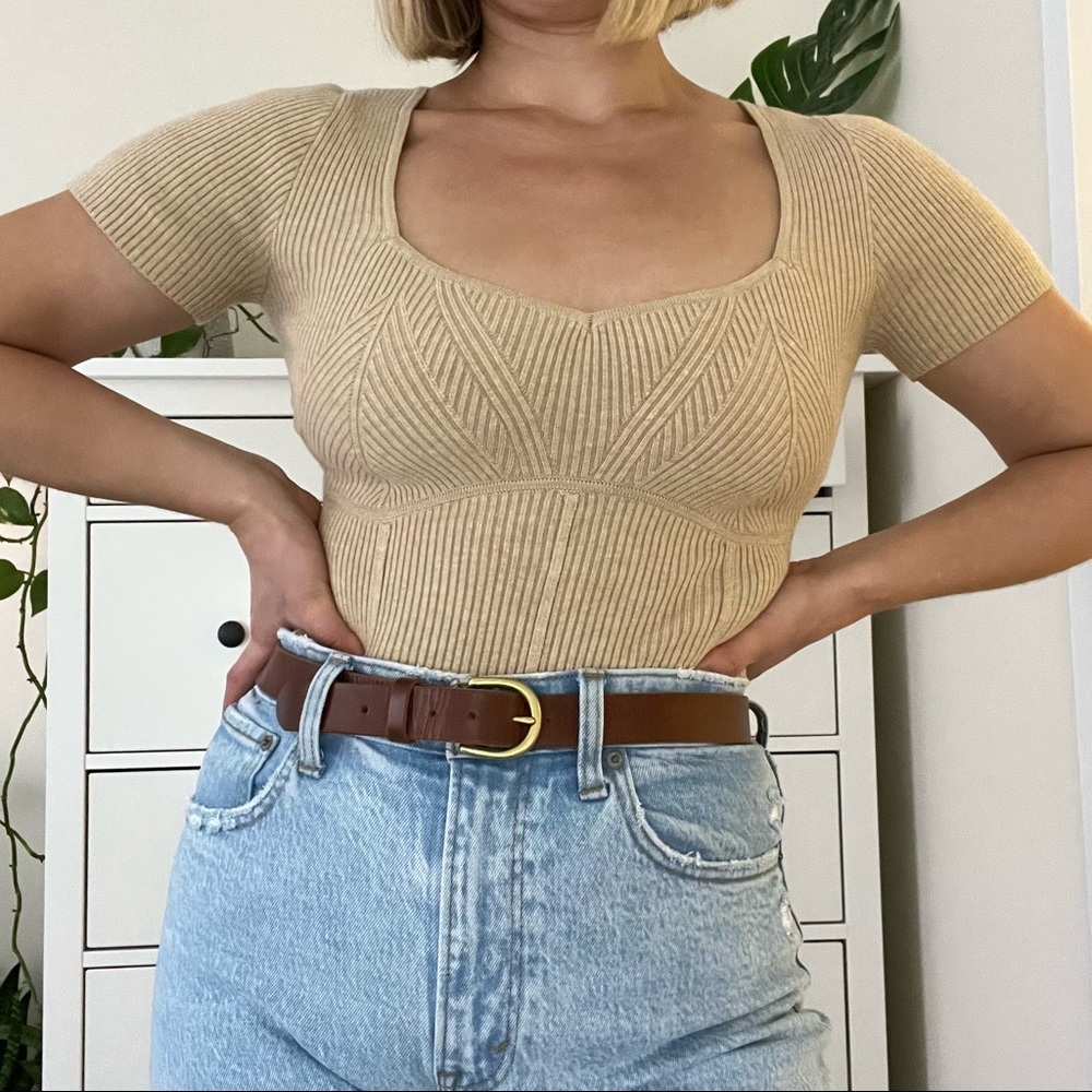 Abercrombie Corset-Inspired Short-Sleeve Bodysuit | Light Brown XS